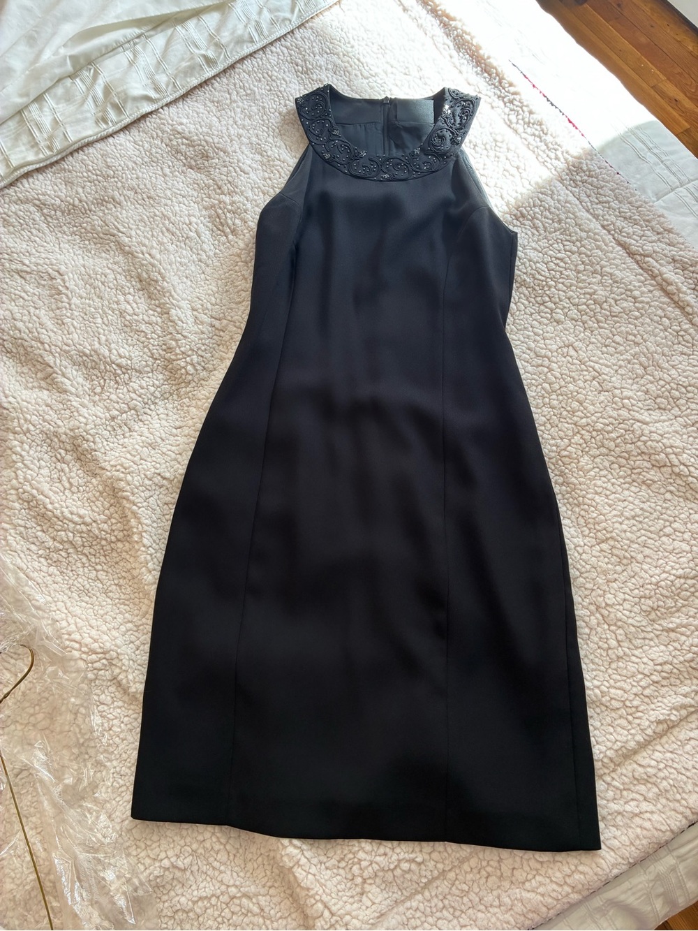 Sleeveless Black Midi Dress with Embellished Collar